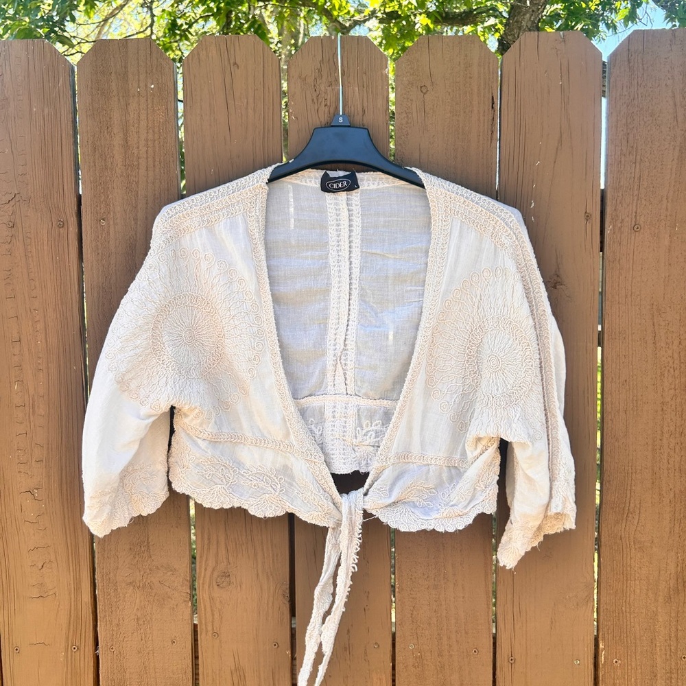 Cider Cream Embroidered Tie-Front Boho Shrug